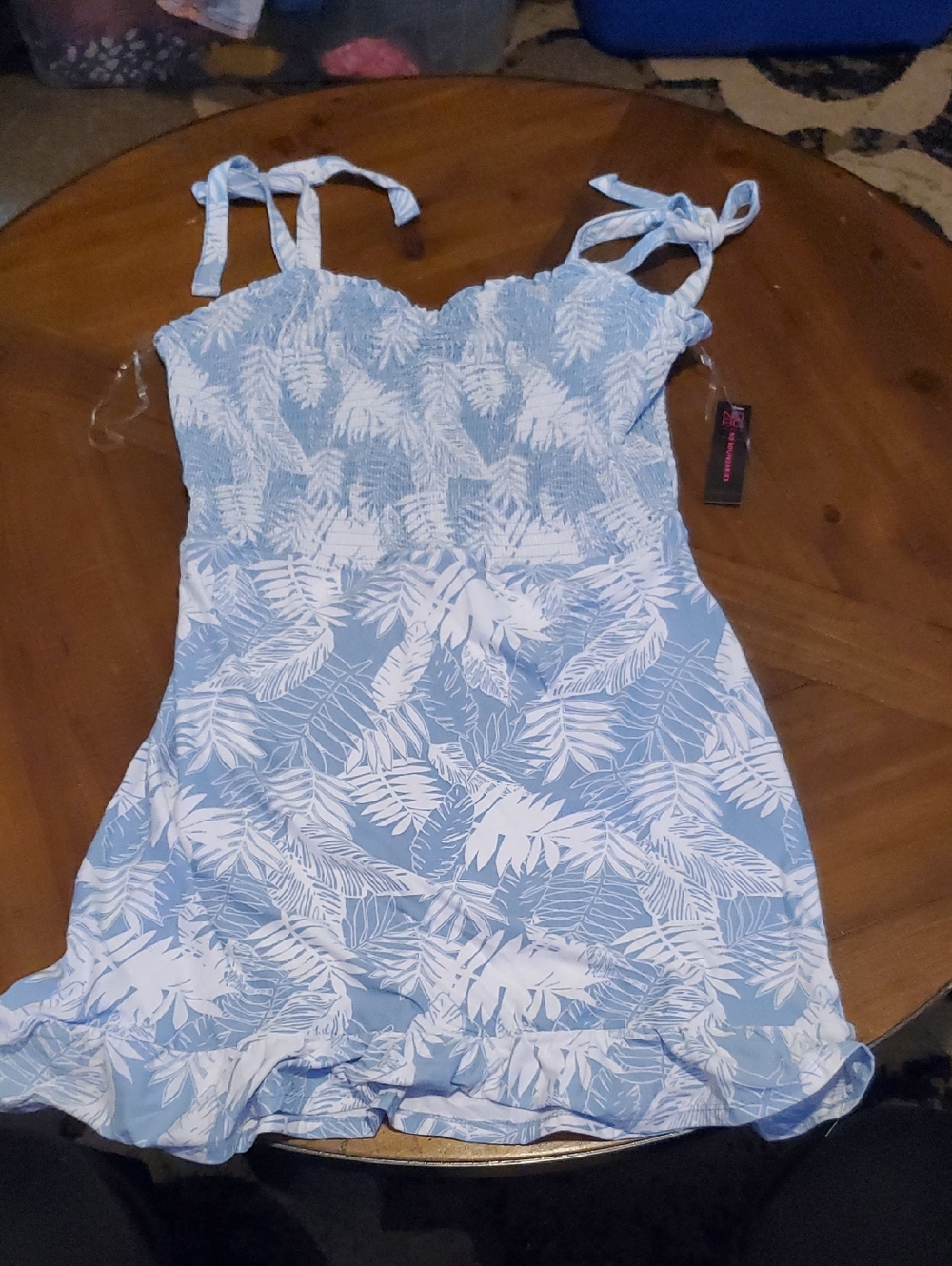 No Boundaries Light Blue & White Tropical Tie-Shoulder Mini Dress